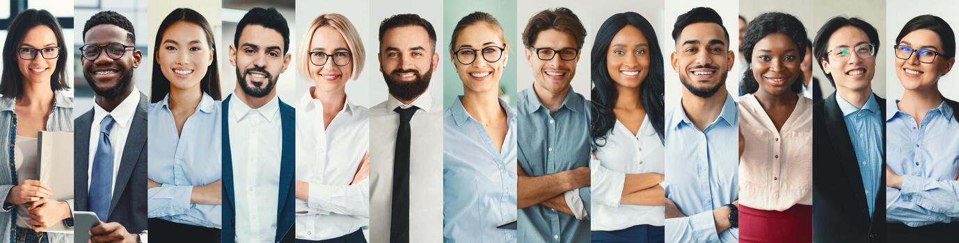 Business professionals from different backgrounds gather in a modern office, showcasing teamwork and collaboration. They display a mix of attire and expressions, indicating a vibrant work environment. photo