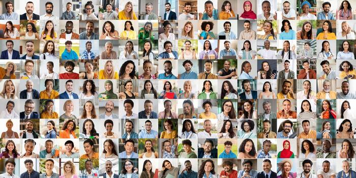 A vibrant collection of joyful faces showcases the diversity of people from various backgrounds. Each portrait highlights unique expressions and connections, symbolizing unity in diversity. photo