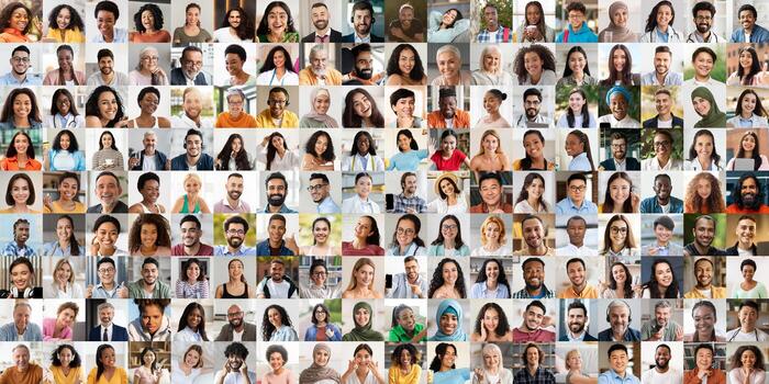 This collection showcases a joyful array of faces from various backgrounds, reflecting happiness and diversity. Each person is engaged and exuding positive energy in their unique way. photo