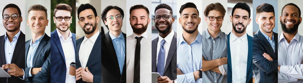 A diverse mix of business professionals, including Asian and Black individuals, stands together in a modern office setting, smiling confidently while engaged in discussion and networking activities. photo