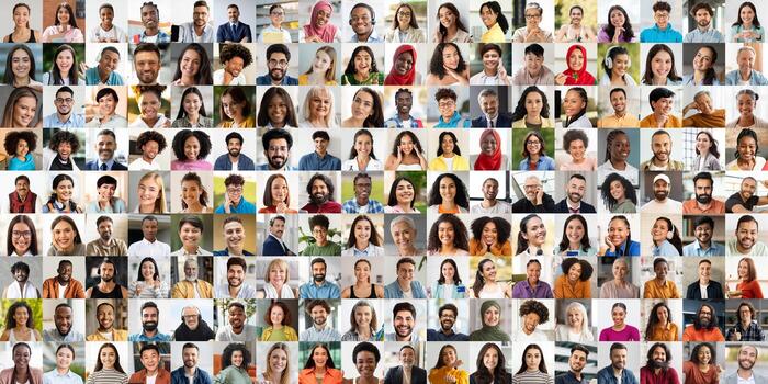 A colorful collection of portraits showcasing a diverse group of individuals who appear joyful and engaged. The faces represent various backgrounds and ages, celebrating unity in diversity. photo