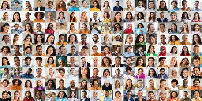 A colorful collection of portraits showcases joyful, diverse individuals representing various backgrounds, each with a unique smile and expression of happiness. photo