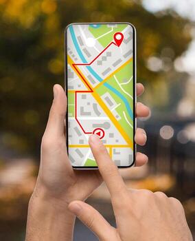 hombre planificación ruta a destino punto, utilizando GPS aplicación en teléfono inteligente, irreconocible masculino hojeada en línea mapas en móvil teléfono para navegación en ciudad, creativo collage, de cerca foto