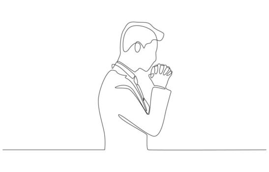 Continuous one line drawing of businessman with hands clasped together in deep thought, symbolizing faith, hope, reflection, and inner strength, single line art vector