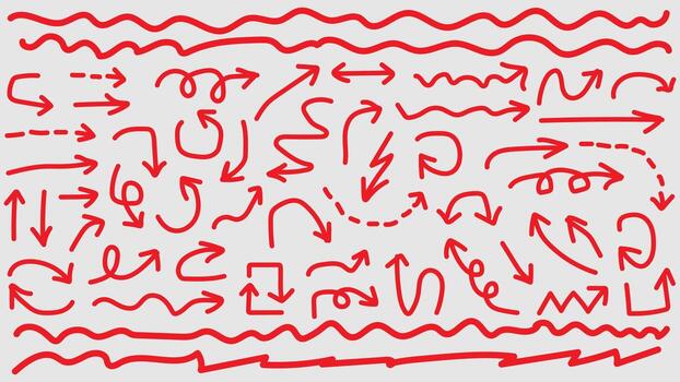 Red Hand Drawn Arrow Set Directional Scribble Sketch Symbols on Light Gray Backdrop vector