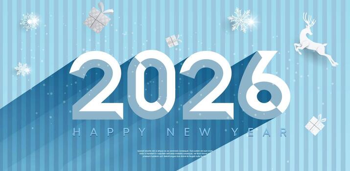 Winter Flat Design 2026 Long Shadow Template. Cool blue and white color palette with a modern flat design approach. Features geometric numbers, a prominent long shadow, snowflakes vector