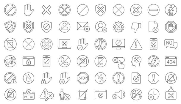 Blocked And Prohibition Line Icon Set. A Collection Of 60 Thin Editable Stroke Line Icons Showing Warnings, Restrictions, Cancellations, And Access Denials. Perfect For Safety Signs, App Design. vector