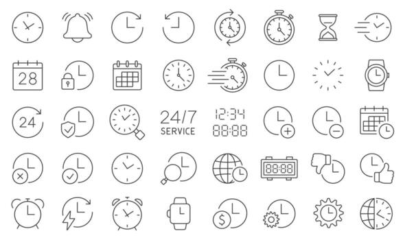 Time Line Icon Set. A Collection Of 40 Editable Stroke Thin Line Icons Representing Clocks, Watches, Timers, Calendars, And Schedules. Perfect For Time Management, 24 7 Service. Isolated vector