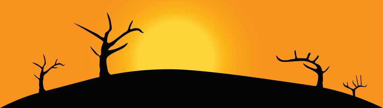 Sunset view in desert field reflecting dry trees on mountain ridge background illustration vector