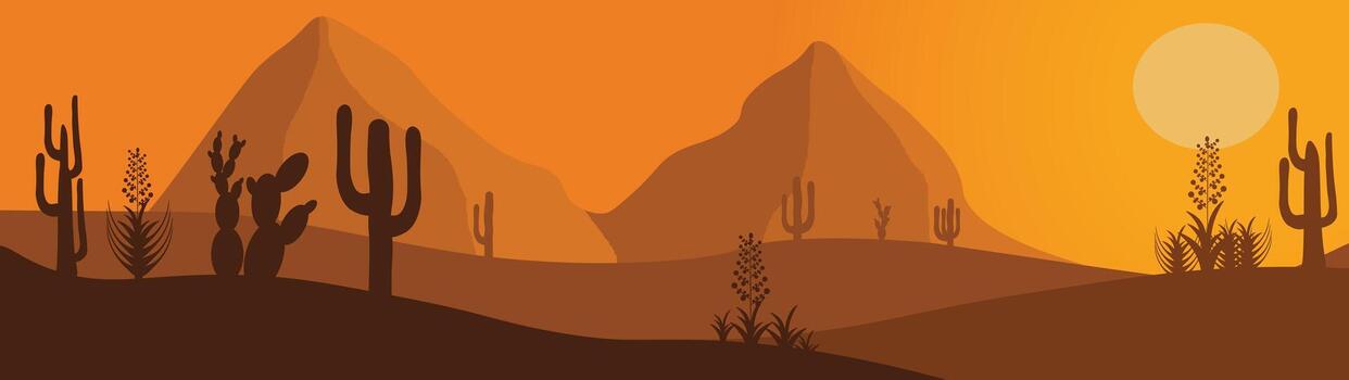 Sunset view in the middle of the dry desert on the mountain in nature, tree shadows at dusk, background illustration. vector