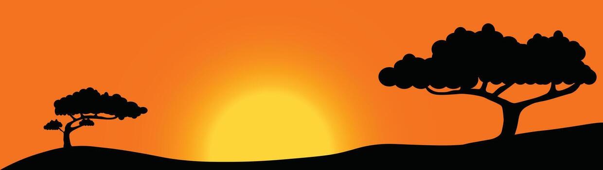 Sunset view in desert field reflecting trees on mountain ridge background illustration vector