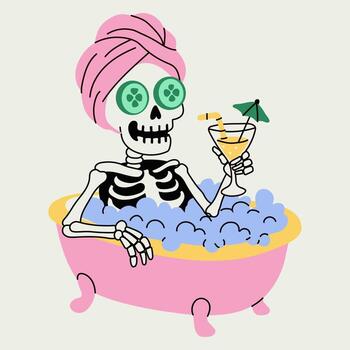 Skeleton enjoying a relaxing bath with a cocktail and cucumber slices on its eyes in a colorful tub vector