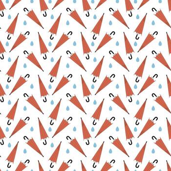 Seamless repeating autumn pattern with red umbrella and rain drops. background of rainy weather vector