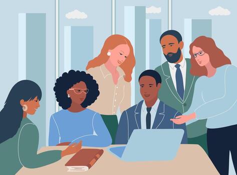 A diverse team is discussing a project around a modern office table. Flat illustration in calm blue, green and beige color palette. vector
