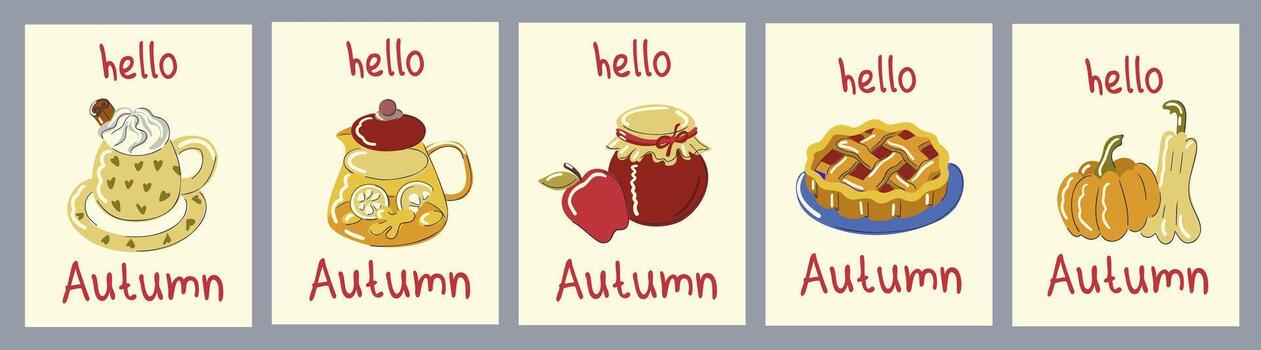 A set of five flat design cards with Hello Autumn lettering. Each card features a cozy autumn element a cup on saucer, teapot, jar of jam, pie, and pumpkins on a contrasting background. vector
