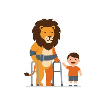 A cheerful illustration of a lion and a smiling child standing together, using crutches and a walker. This scene conveys friendship, care, resilience, and inclusive support. vector