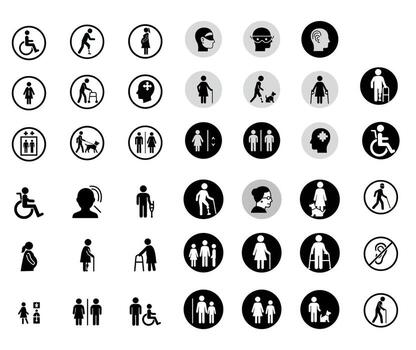 Collection Of Disability And Elderly Symbols, Free Use Icon Set For Accessibility And Inclusion Graphics vector