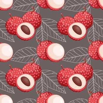Seamless pattern with lychee. Exotic lychee fruit repeat design. Tropical background. vector