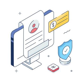 Isometric patient management system showing personal data, health record, and secure storage. vector