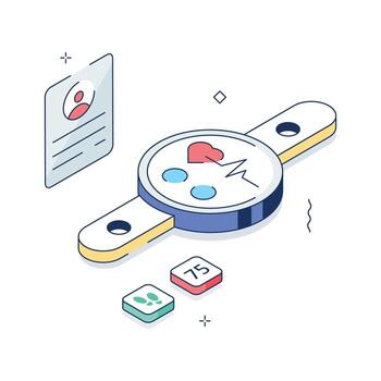 Isometric illustration of a digital health tracker analyzing biometric data and heart rate. vector