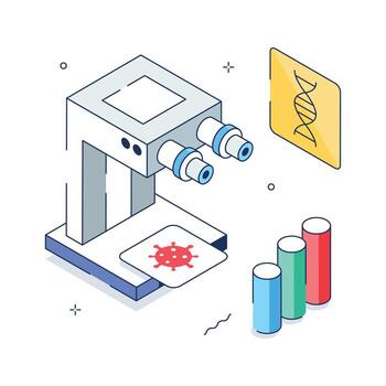 Isometric illustration of microscope setup for virus and DNA analysis in healthcare lab. vector