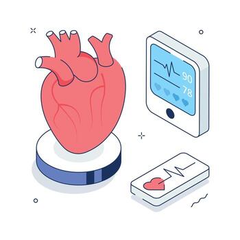 isométrica ilustración de corazón con monitor y salud datos visualización. vector