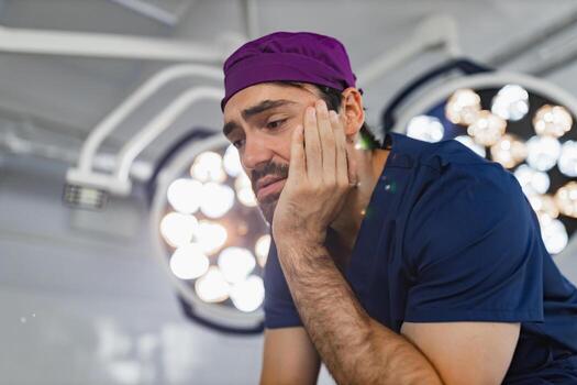 un cirujano en matorrales mira estresado en un operando habitación, posiblemente después un difícil procedimiento. foto