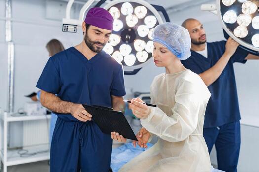A surgeon reviews a chart with a patient in an operating room, preparing for a procedure. photo