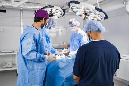 A surgical team is focused on a patient during a procedure in a sterile operating room, illuminated by bright overhead lights. photo