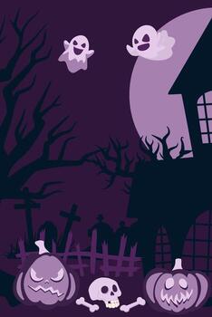 Halloween banner showing happy ghosts, jack lanterns, and skull with bones near an old haunted house. Ideal for spooky posters, invitations, and festive advertisements. vector