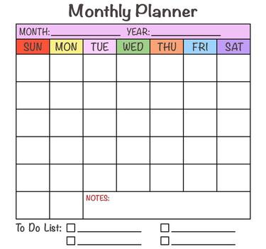 Blank monthly planner template for help users organize their schedules and tasks for a specific month and year. vector