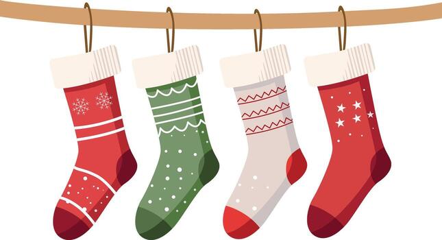 Four festive Christmas stockings hang from a brown rope, each with unique patterns and colors. vector