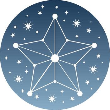 A stylized white star, formed by connected circles and lines, is set against a gradient blue background with scattered stars. vector