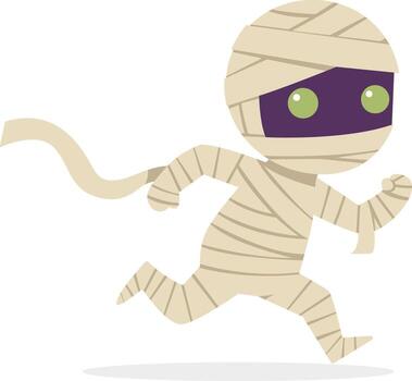 Cartoon mummy running with bandages trailing behind, depicted in a simple, flat style against a white background. vector