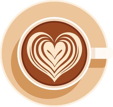 Top-down view of a coffee cup with latte art forming a heart shape in the brown foam, sitting on a saucer. vector