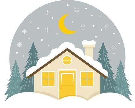 Cozy house covered in snow with glowing windows, surrounded by pine trees under a moonlit, snowy sky. vector