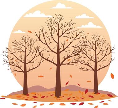 Tres desnudo arboles estar en contra un naranja circulo fondo, con caído otoño hojas dispersado alrededor el base. vector