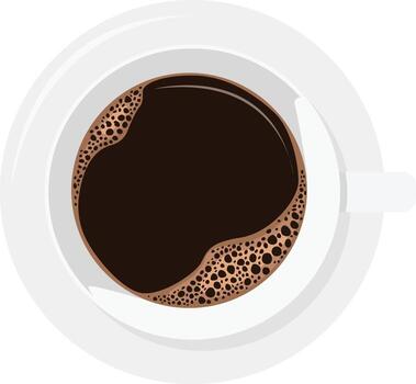 Overhead view of a cup of black coffee with foam, sitting in a white saucer. vector