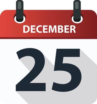 Calendar icon showing December 25th, representing Christmas Day, with a red background and white text. vector