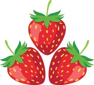 Three ripe strawberries arranged in a triangular formation, featuring red fruit, green stems, and yellow seeds. vector