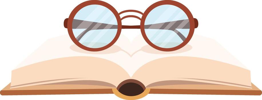 Cartoon illustration of round eyeglasses resting on an open book with blank pages. vector