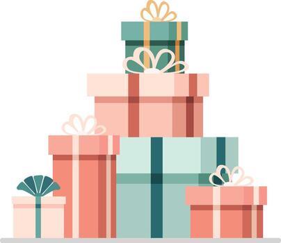 A stack of colorful gift boxes with ribbons, arranged in a pyramid shape, isolated on a white background. vector