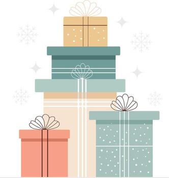 Stack of five pastel-colored gift boxes with white ribbons and bows, arranged in a tower with snowflakes and sparkles. vector