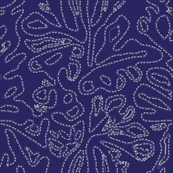 resumen diseño presentando entrelazando blanco rayado líneas en un profundo Armada azul fondo, parecido a orgánico formas o coral patrones. vector