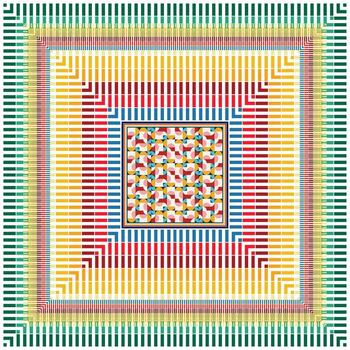 Abstract geometric art featuring concentric squares with colorful stripes and a central mosaic pattern. Modern square design with red, yellow, green, and blue tones. vector