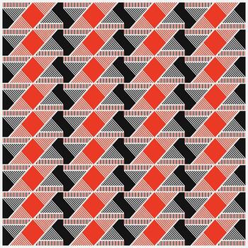 geométrico modelo presentando rojo diamantes, negro triangulos, y a rayas blanco elementos, arreglado en un repetitivo cuadrícula diseño. vector