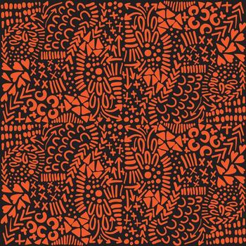 Black and orange patterned design featuring various intricate shapes and motifs. vector