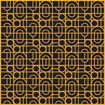 Geometric pattern featuring interlocking orange shapes and lines on a black background, creating a vibrant, modern design. vector