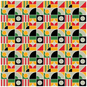 A vibrant, abstract geometric pattern featuring bold colors like red, yellow, black, and green, arranged in symmetrical blocks. vector