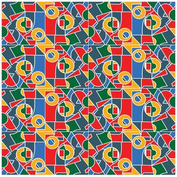 Colorful geometric pattern with overlapping shapes in red, blue, green, and yellow, creating a vibrant, abstract design. vector